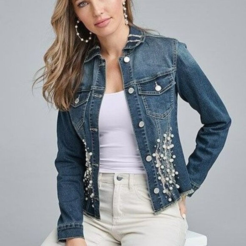 American Bazi Denim Pearl Embellished Jean Jacket Cinched Waist Women Size Large
